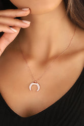 Inverted Crescent Silver Necklace with White Zircon Stone